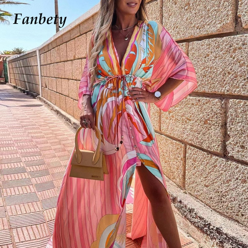 Elegant Deep V Neck Printing Hem Maxi Dresses Women Casual Button Elastic Waist Long Party Dress Summer Loose Slit Beach Dress - trendy chick