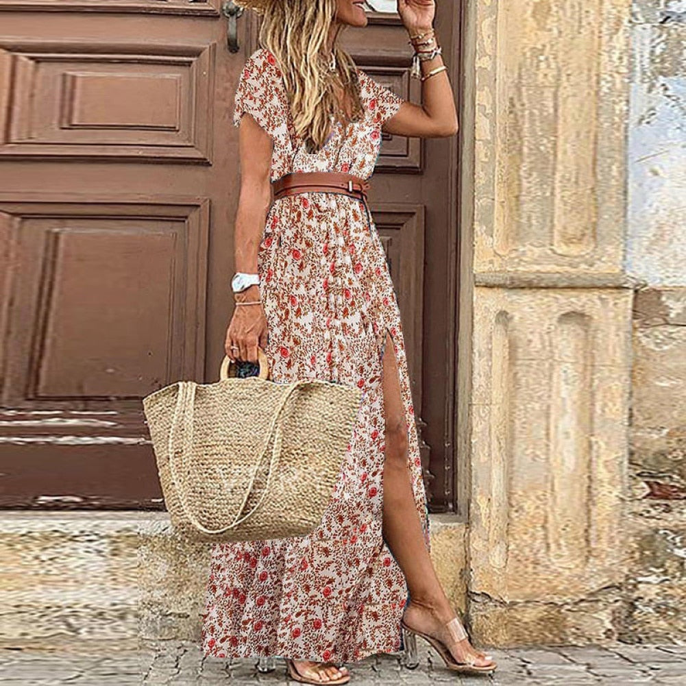 HOT SALE!! Boho Women V Neck Short Sleeve Paisley Print Belt Large Hem Beach Long Dress print dress summer beach dress with belt - trendy chick