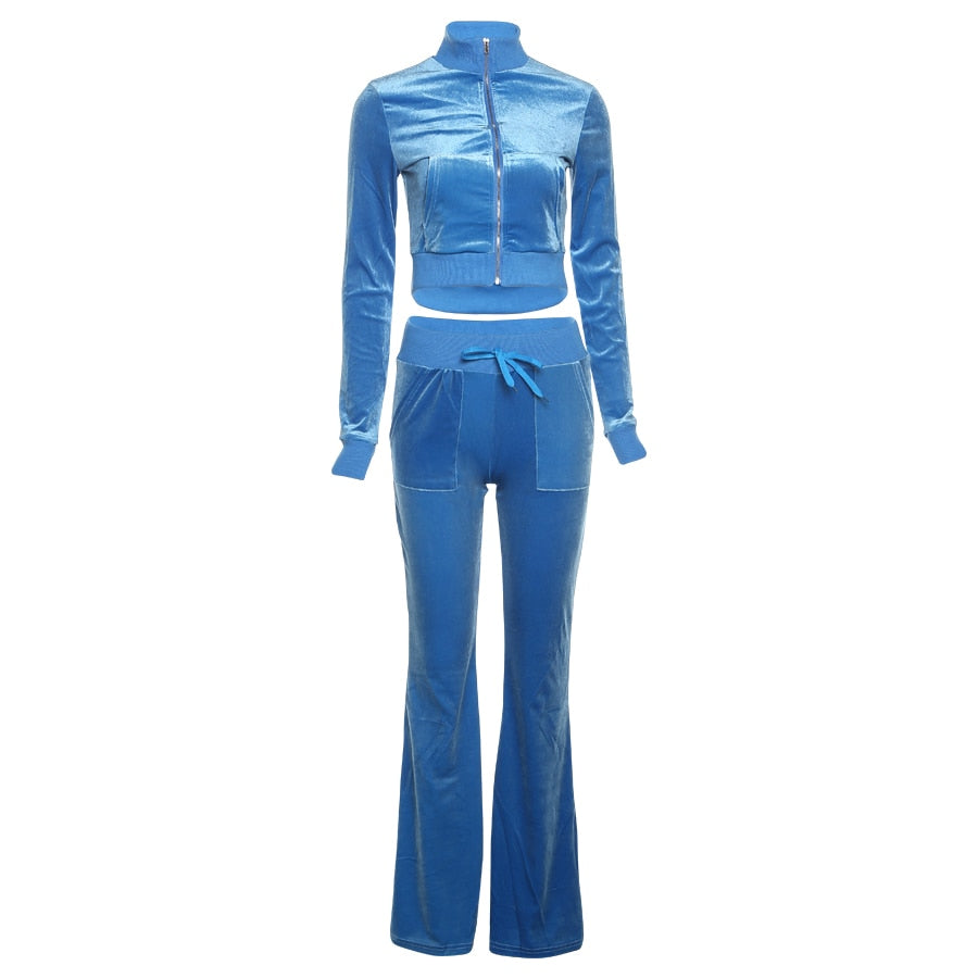 Sisterlinda Velvet Casual Women Tracksuit 2 Piece Set Long Sleeve Zipper Sweatshirt Top+Bandage Straight Pants Female Streetwear - trendy chick