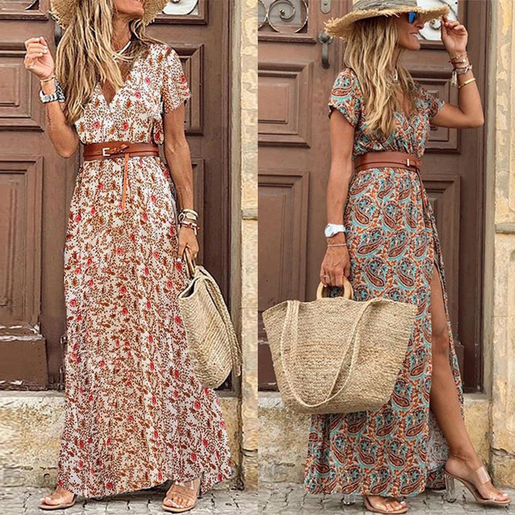 HOT SALE!! Boho Women V Neck Short Sleeve Paisley Print Belt Large Hem Beach Long Dress print dress summer beach dress with belt - trendy chick