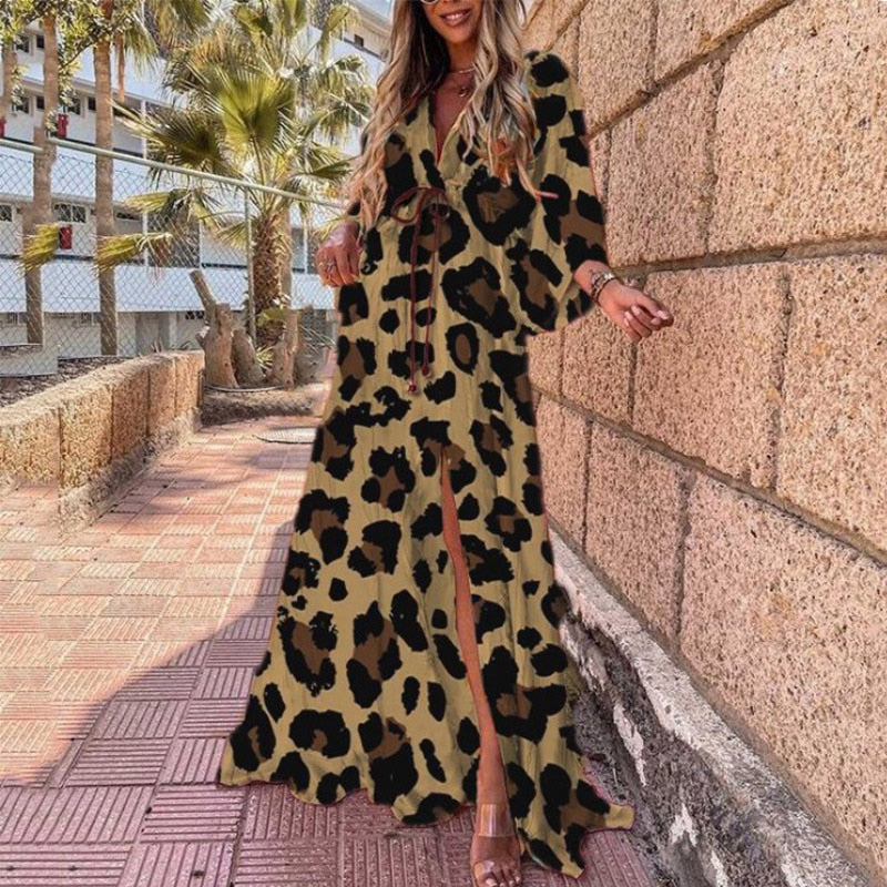 Elegant Deep V Neck Printing Hem Maxi Dresses Women Casual Button Elastic Waist Long Party Dress Summer Loose Slit Beach Dress - trendy chick