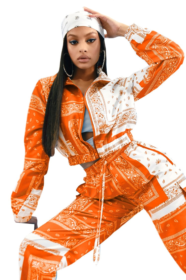 Paisley Bandana Print Two 2 Piece Set Women Fitness Sweatsuit Zipper Up Sweatshirt + Jogger Pants Set Tracksuit Vintage Outfits - trendy chick