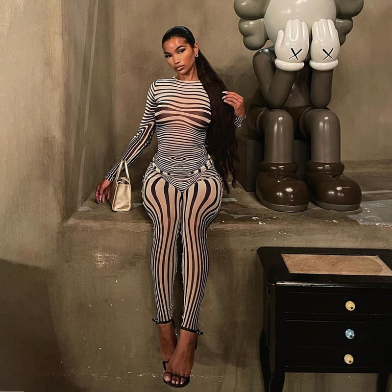 Sexy Hipster Long Sleeve O-Neck Female Streetwear Outfits Mesh Striped Two Piece Set Women Sheath Body-Shaping High Street - trendy chick