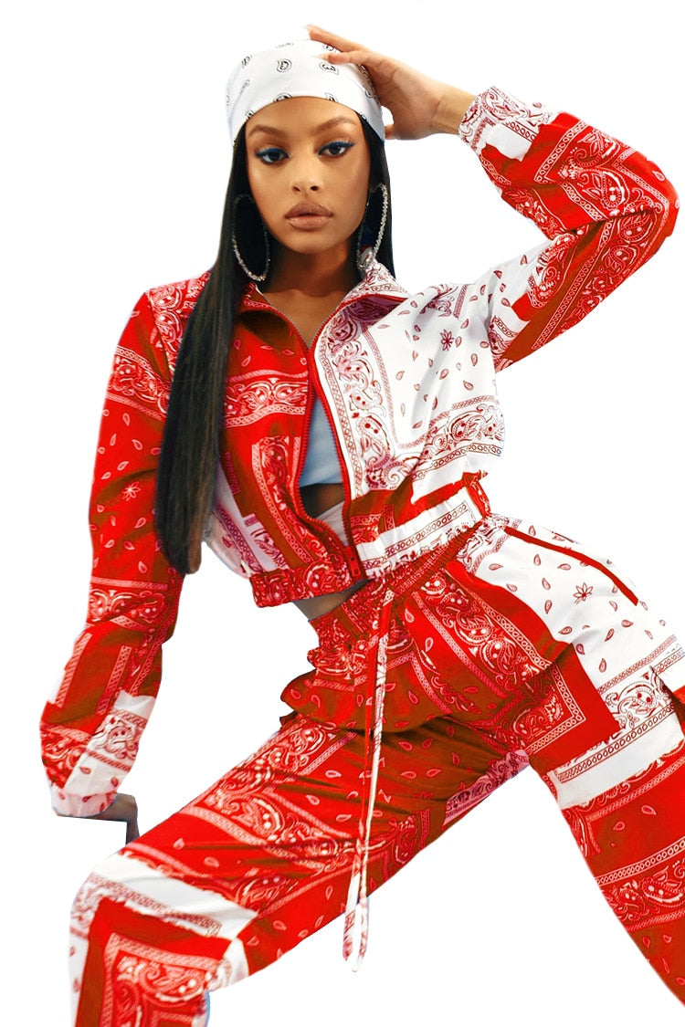 Paisley Bandana Print Two 2 Piece Set Women Fitness Sweatsuit Zipper Up Sweatshirt + Jogger Pants Set Tracksuit Vintage Outfits - trendy chick