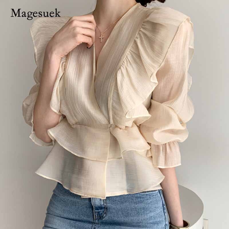 Fashion Vintage Chiffon Blouse Women 2021 New Puff Sleeve Ruffles V-neck Shirt Women Silm Casual Womens Blouses Tops Mujer 10334 - trendy chick