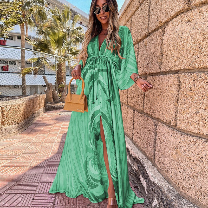 Elegant Deep V Neck Printing Hem Maxi Dresses Women Casual Button Elastic Waist Long Party Dress Summer Loose Slit Beach Dress - trendy chick