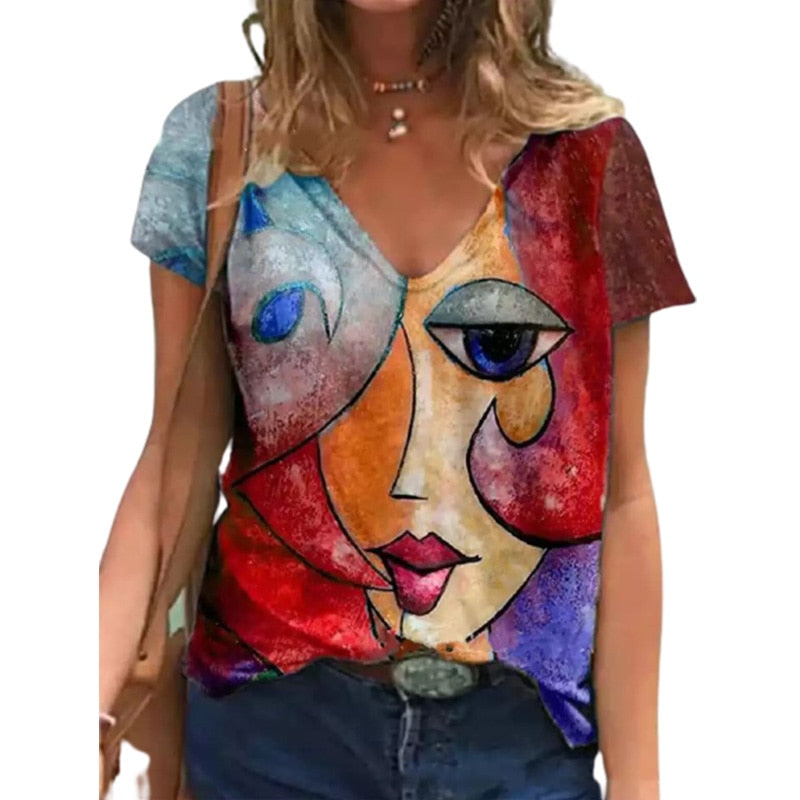 V Neck Tshirt Women&#39;s Summer Casual Oversize Print Shirt Tops Loose Vintage Female Tee Streetwear Y2K Short Sleeve Clothes S-5XL - trendy chick