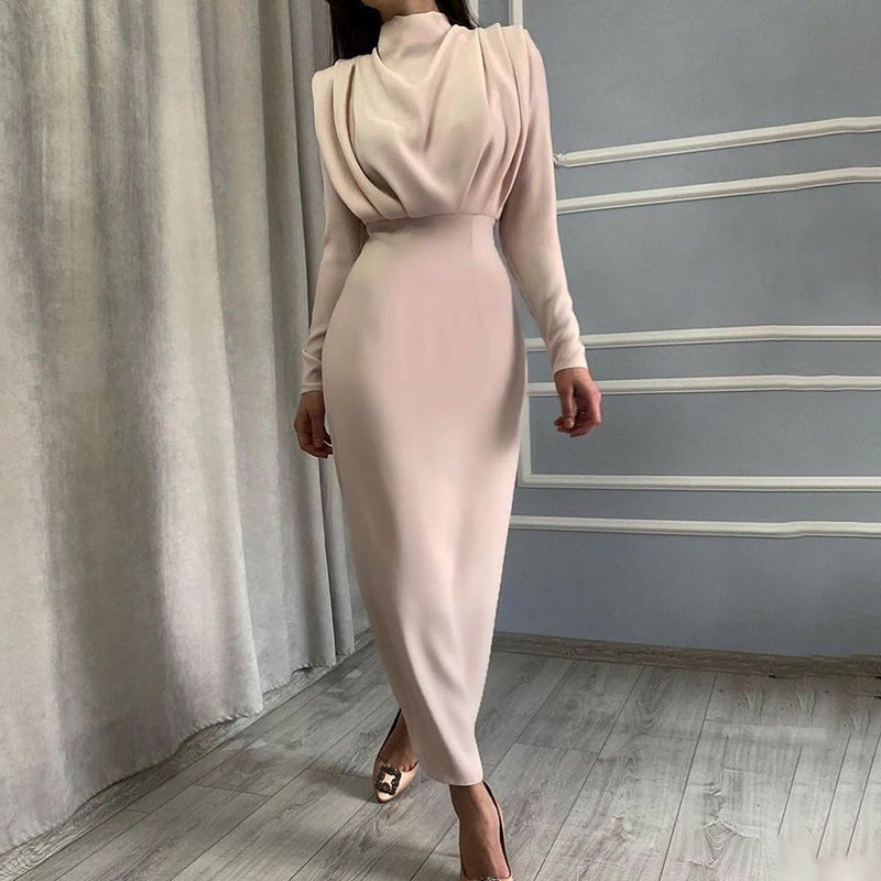 European and American foreign trade 2022 autumn new fashion temperament waist waist western style solid color long-sleeved dress wholesale