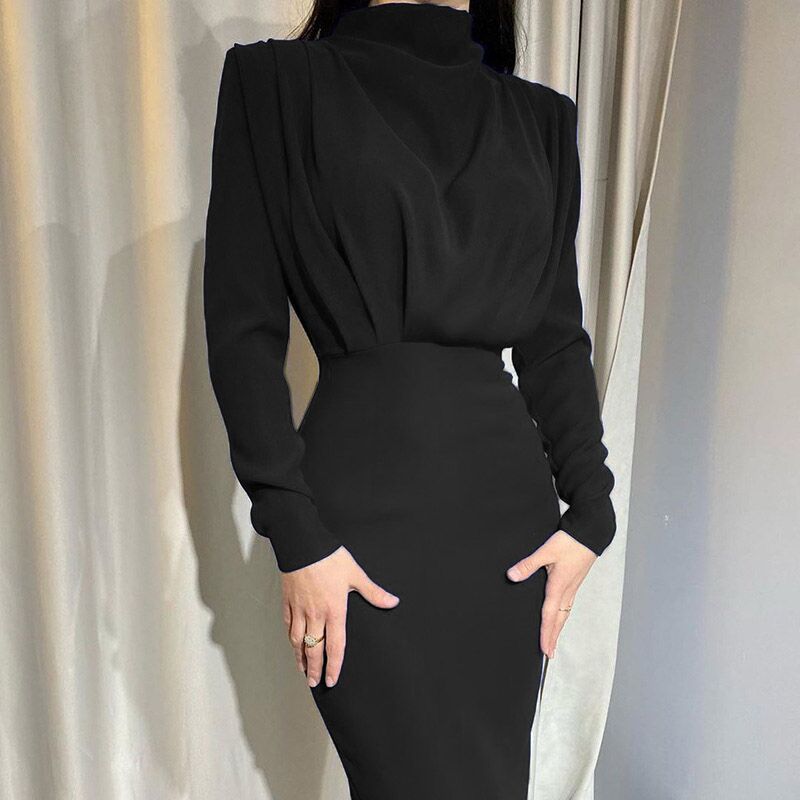 European and American foreign trade 2022 autumn new fashion temperament waist waist western style solid color long-sleeved dress wholesale