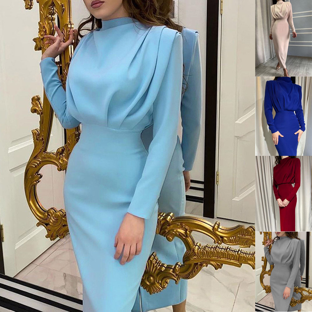 European and American foreign trade 2022 autumn new fashion temperament waist waist western style solid color long-sleeved dress wholesale