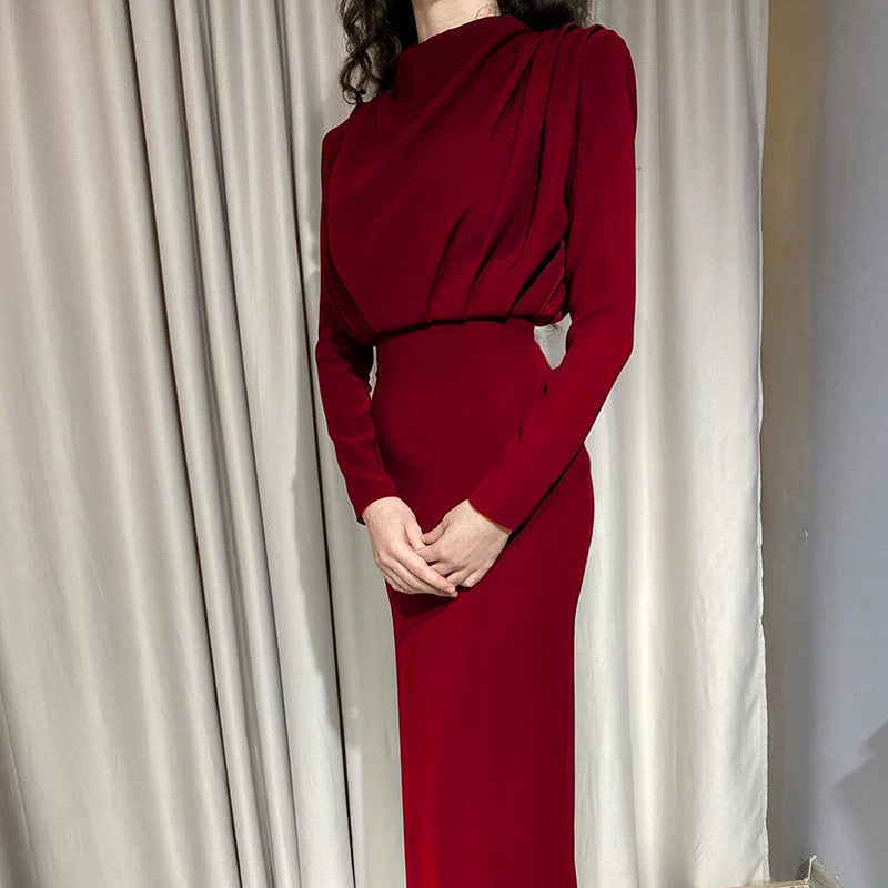 European and American foreign trade 2022 autumn new fashion temperament waist waist western style solid color long-sleeved dress wholesale