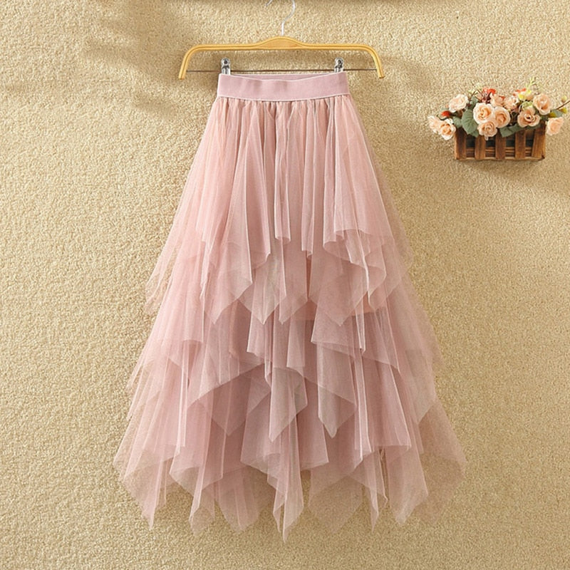 Summer Irregular Jeans Skirts Womens High Waist Tulle Skirt Long Denim Pleated Midi Skirts Mesh Patchwork Pockets Tassel Belt - trendy chick