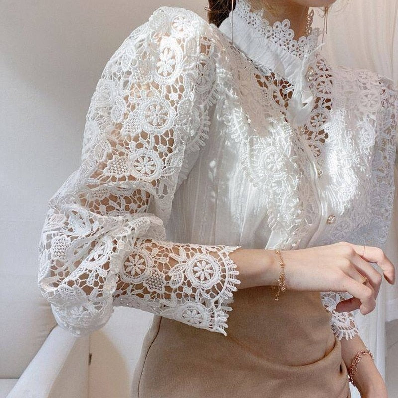 Vintage Solid White Lace Blouse Shirts Women New Korean Button Loose Shirt Tops Female Hollow Casual Ladies Blouses Blusas 12928 - trendy chick