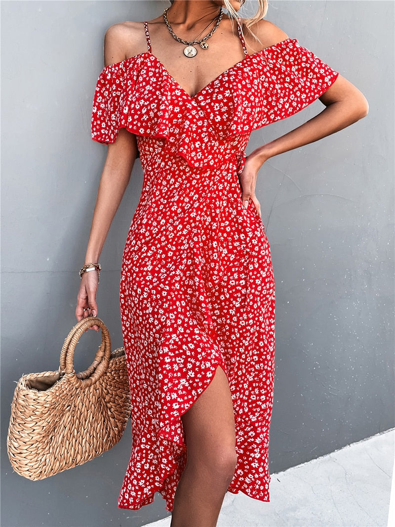 MOVOKAKA Ladies Spring Summer Sexy Straps Dress Women Ruffles Off Shoulder Casual Party Dresses Elegant Floral Print Beach Dress - trendy chick