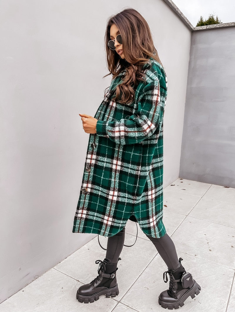 Spring New Plaid Long Blouses Coat Women Casual Vintage Shirt Jacket Female Woolen Blends Printed Overcoat Streetwear