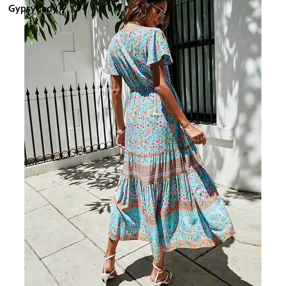 GypsyLady Floral Printed Maxi Dress Vintage Boho Summer Holiday Women Dresses Casual Chic Tie Lace Up Ladies Beach Female Dress - trendy chick