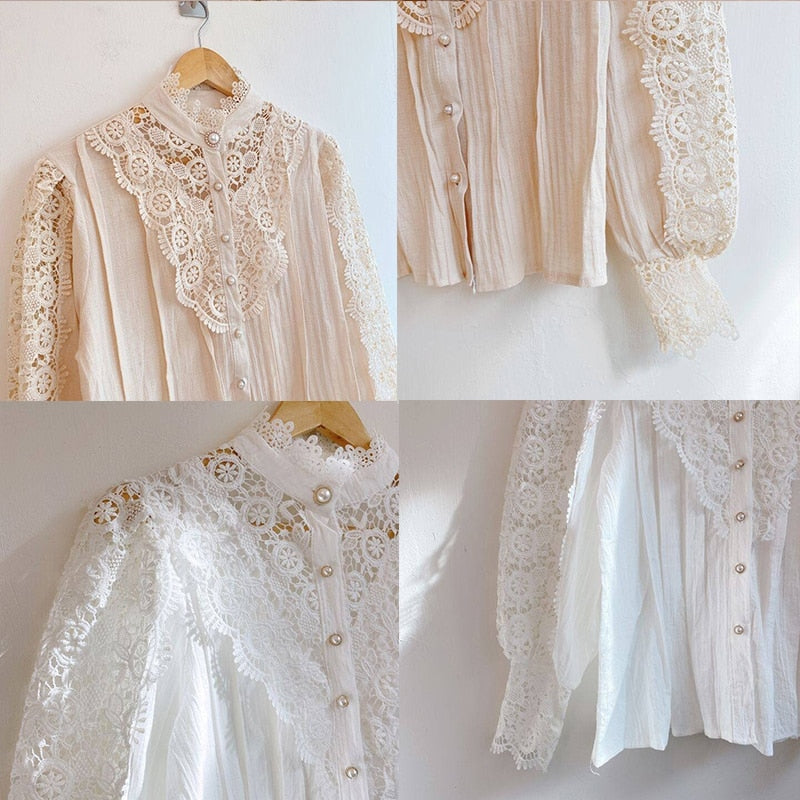 Vintage Solid White Lace Blouse Shirts Women New Korean Button Loose Shirt Tops Female Hollow Casual Ladies Blouses Blusas 12928 - trendy chick