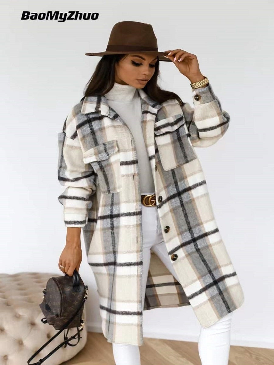 Spring New Plaid Long Blouses Coat Women Casual Vintage Shirt Jacket Female Woolen Blends Printed Overcoat Streetwear