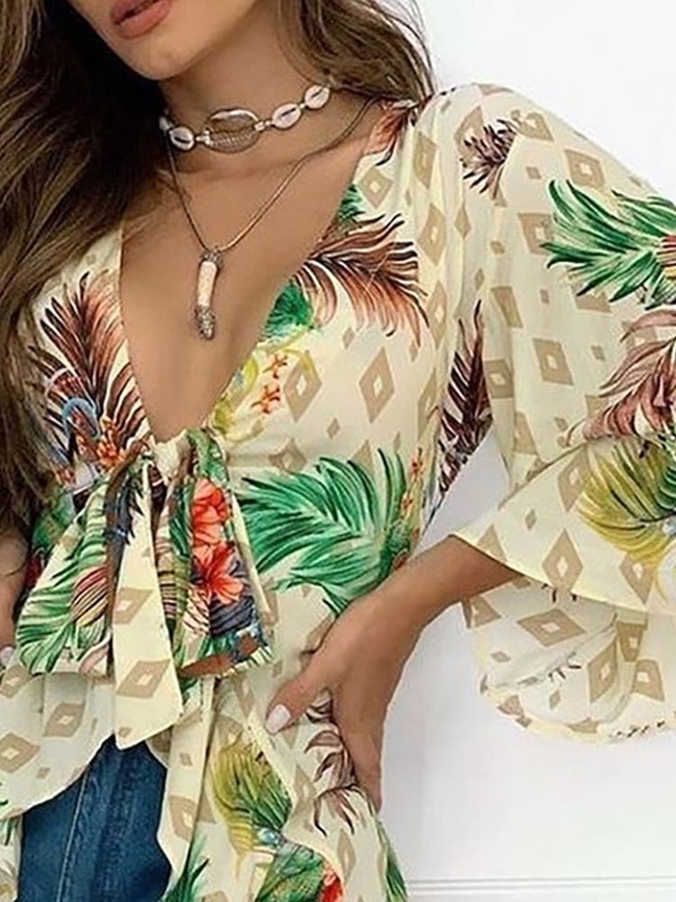 Tropical Print Bell Sleeve Blouse Tops Women - trendy chick