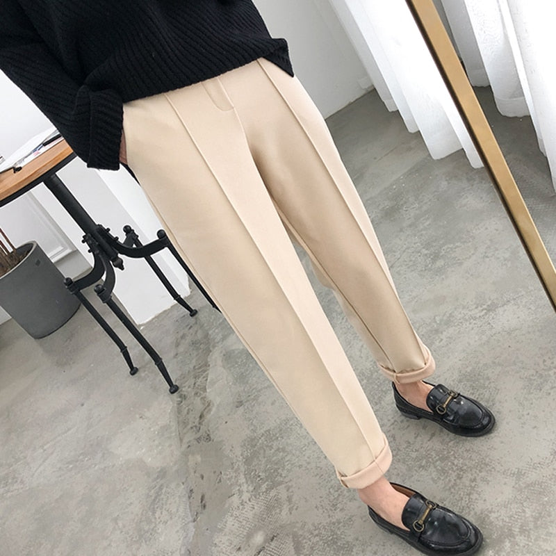 Thicken Women Pencil Pants 2023 Spring Winter Trousers OL Style Wool Female Work Suit Pant Loose Female Trousers Capris 6648 - trendy chick