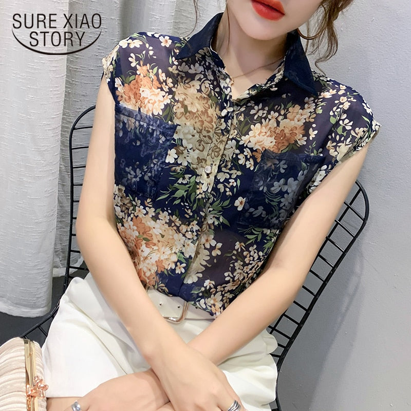 Summer Blouse Sleeveless Shirts Women Vintage Floral Print Blouses Ladies Tops 2023 Blusas Mujer Casual Chiffon shirt 10225 - trendy chick