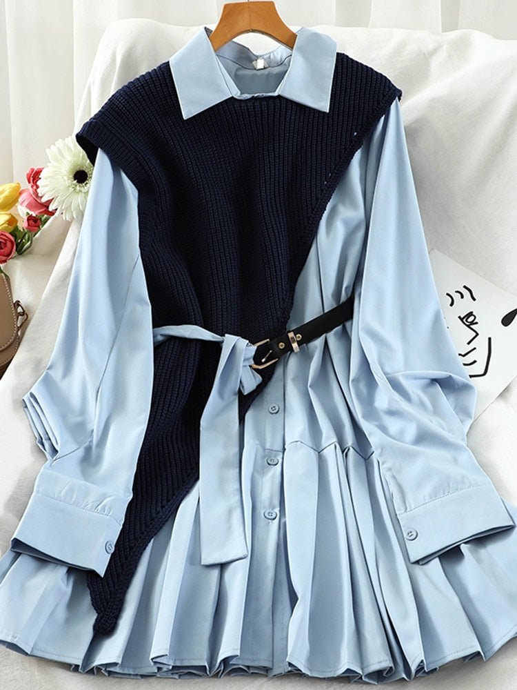 Sweet Suit Women Japan Single Breasted Turn-Down Collar Pleated Dress +Irregular Drawstring Knitted Vest Two Piece Set PL548 - trendy chick