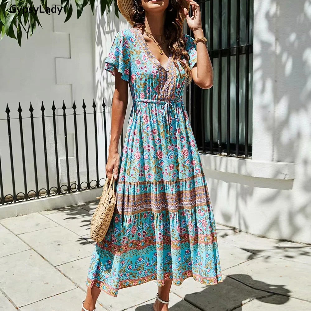 GypsyLady Floral Printed Maxi Dress Vintage Boho Summer Holiday Women Dresses Casual Chic Tie Lace Up Ladies Beach Female Dress - trendy chick