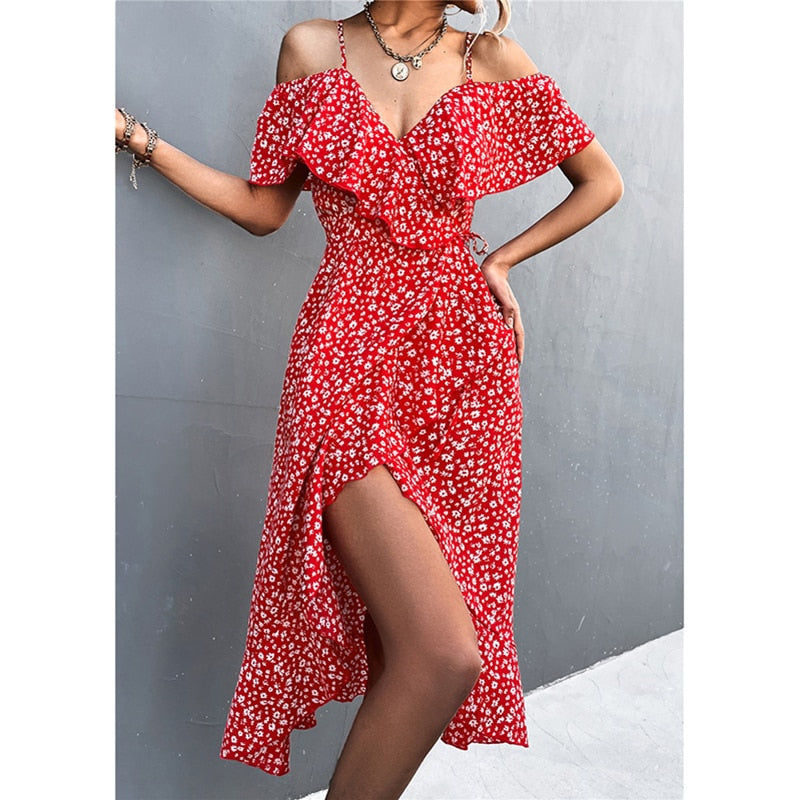 MOVOKAKA Ladies Spring Summer Sexy Straps Dress Women Ruffles Off Shoulder Casual Party Dresses Elegant Floral Print Beach Dress - trendy chick