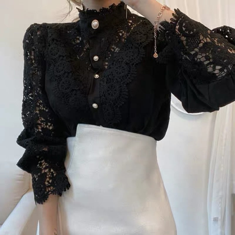 Vintage Solid White Lace Blouse Shirts Women New Korean Button Loose Shirt Tops Female Hollow Casual Ladies Blouses Blusas 12928 - trendy chick