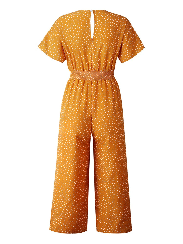 Lossky Women Jumpsuits Rompers Summer Casual Print V-neck Pocket Overalls Jumpsuit Short Sleeve Wide Leg Loose Jumpsuit - trendy chick