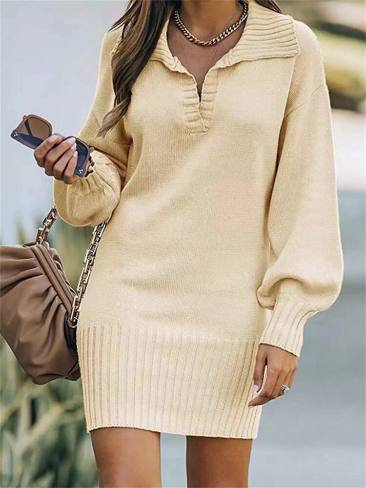 Eotvotee Sweater Dress for Women Fall Winter 2022 New Turn Down Collar Knitted Dresses Oversized Long Sleeve Solid Casual Dress - trendy chick