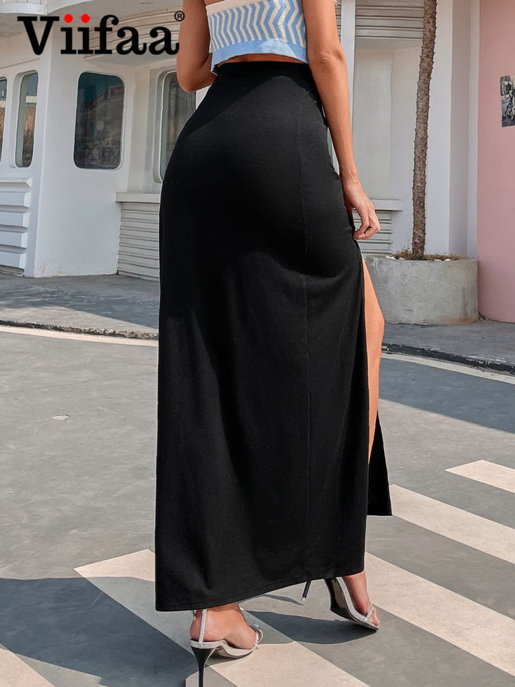 Viifaa High Waist Sexy Zipper Split Side Black Elegant Party Maxi Skirt Korean Fashion Women Going Out Slim Long Skirts - trendy chick