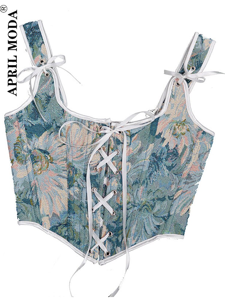 Oversize Floral Print Vintage Corset Women Lace Up Buister Crop Top Sleeveless Bandage Tank Top Sexy Chest Binder Camisole Mujer - trendy chick