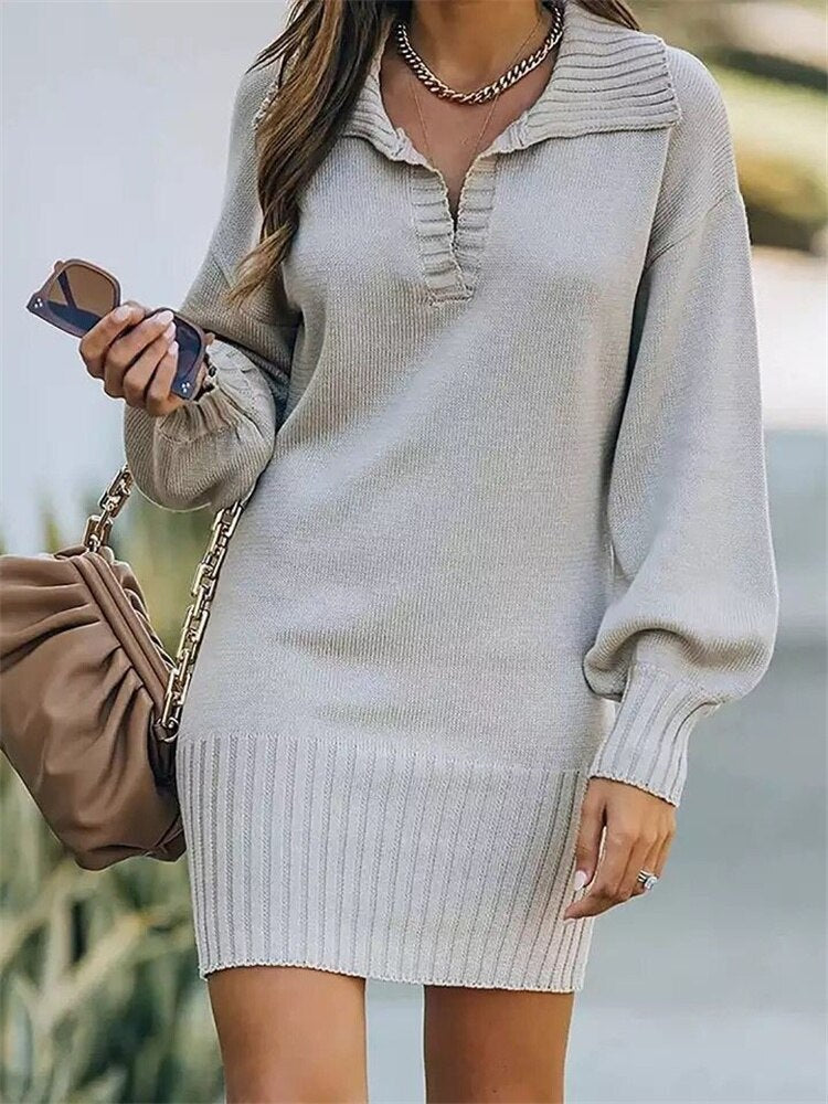 Eotvotee Sweater Dress for Women Fall Winter 2022 New Turn Down Collar Knitted Dresses Oversized Long Sleeve Solid Casual Dress - trendy chick