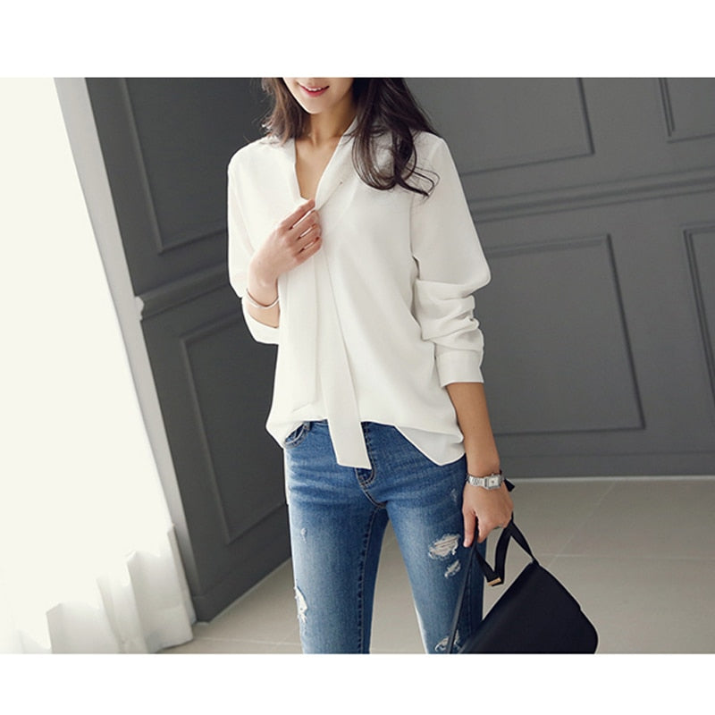 Long Sleeve Bow Tie Shirt Spring and Autumn New Fashion Women Clothing Loose Chiffon Shirt Women&#39;s Blouse Tops Blusas Mujer 699C - trendy chick