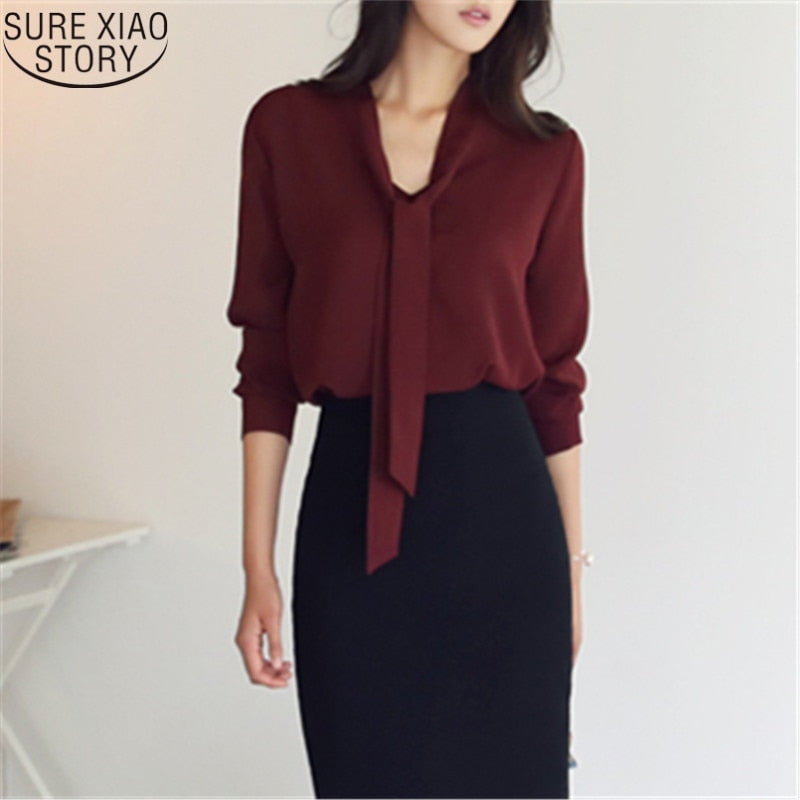 Long Sleeve Bow Tie Shirt Spring and Autumn New Fashion Women Clothing Loose Chiffon Shirt Women&#39;s Blouse Tops Blusas Mujer 699C - trendy chick