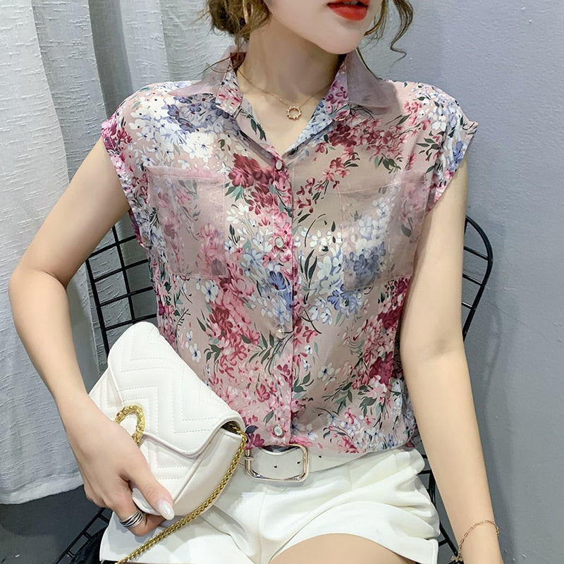 Summer Blouse Sleeveless Shirts Women Vintage Floral Print Blouses Ladies Tops 2023 Blusas Mujer Casual Chiffon shirt 10225 - trendy chick