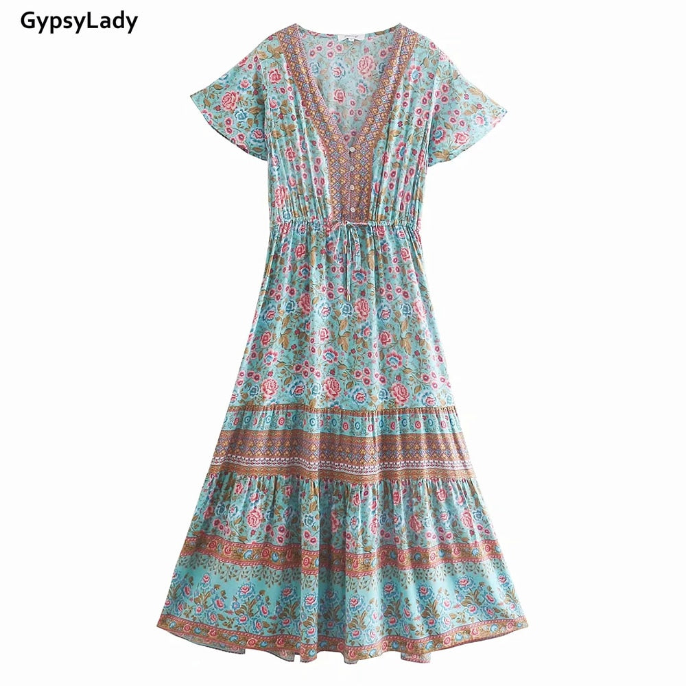 GypsyLady Floral Printed Maxi Dress Vintage Boho Summer Holiday Women Dresses Casual Chic Tie Lace Up Ladies Beach Female Dress - trendy chick