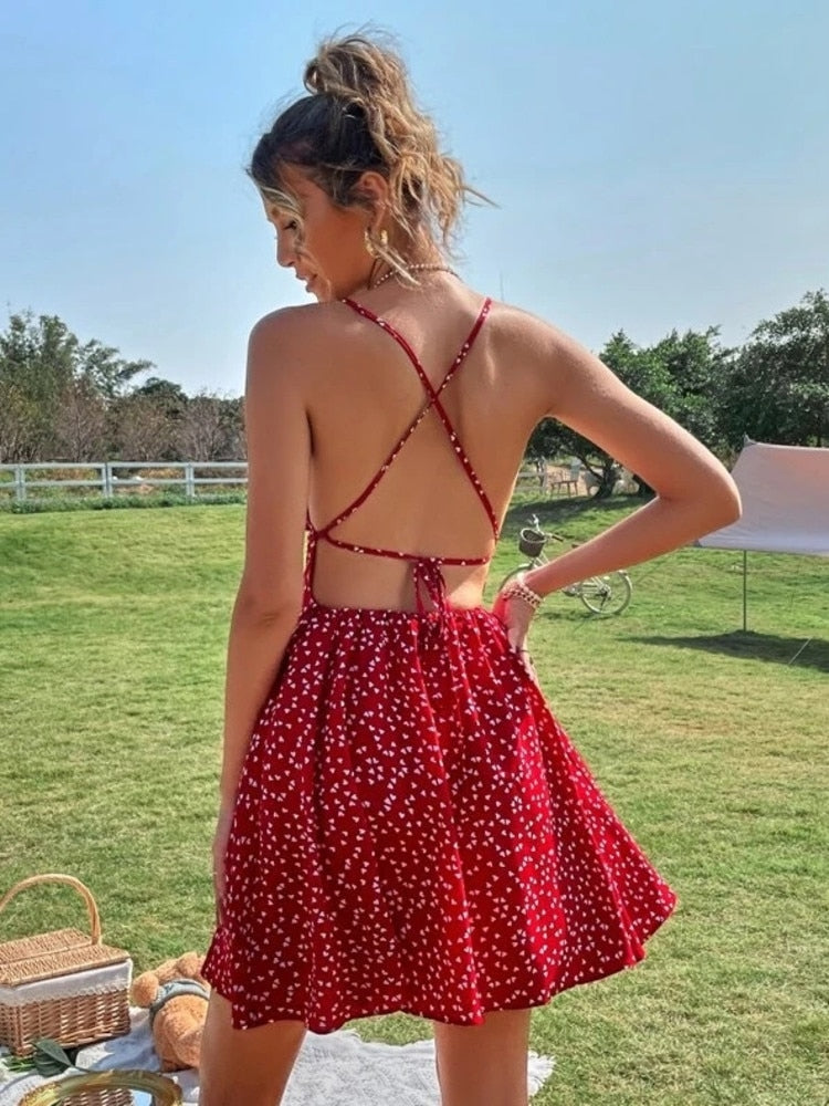 LiTi Print Summer Dress Confetti Heart Print Crisscross Tie Backless Cami Dress Print Boho Beach Dress Sundress Robe - trendy chick