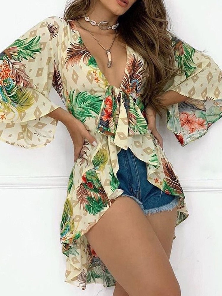 Tropical Print Bell Sleeve Blouse Tops Women - trendy chick