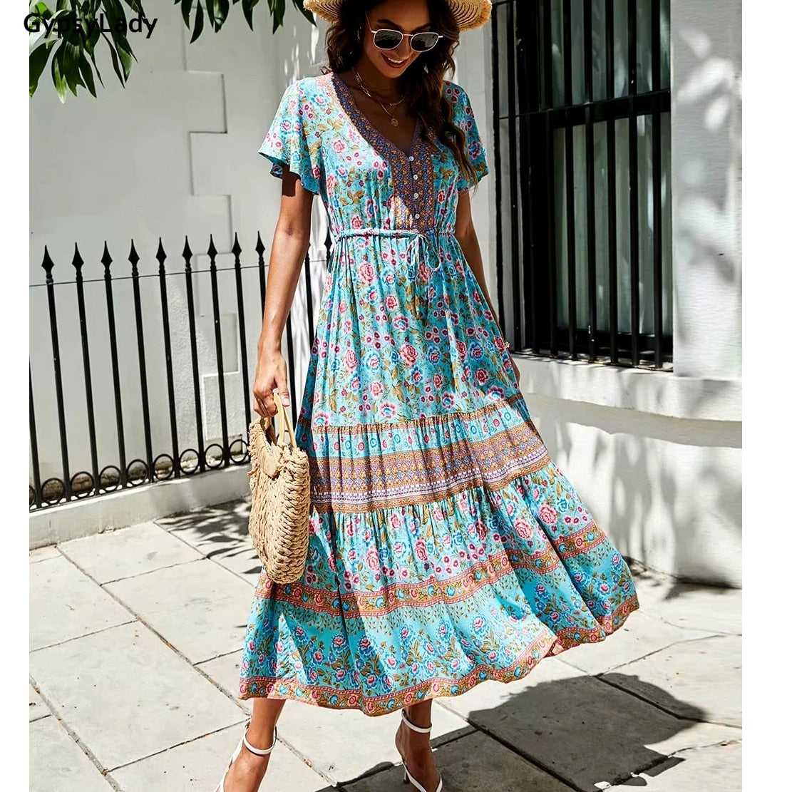 GypsyLady Floral Printed Maxi Dress Vintage Boho Summer Holiday Women Dresses Casual Chic Tie Lace Up Ladies Beach Female Dress - trendy chick