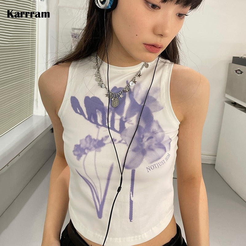 Karrram Y2k Aesthetics Tank Tops 00s Grunge Fairycore Print Crop Tops Korean Fashion Kawaii Tops Harajuku E-girls Cute Tanktop - trendy chick