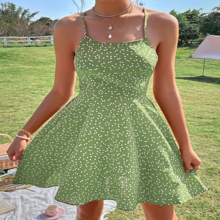 LiTi Print Summer Dress Confetti Heart Print Crisscross Tie Backless Cami Dress Print Boho Beach Dress Sundress Robe - trendy chick