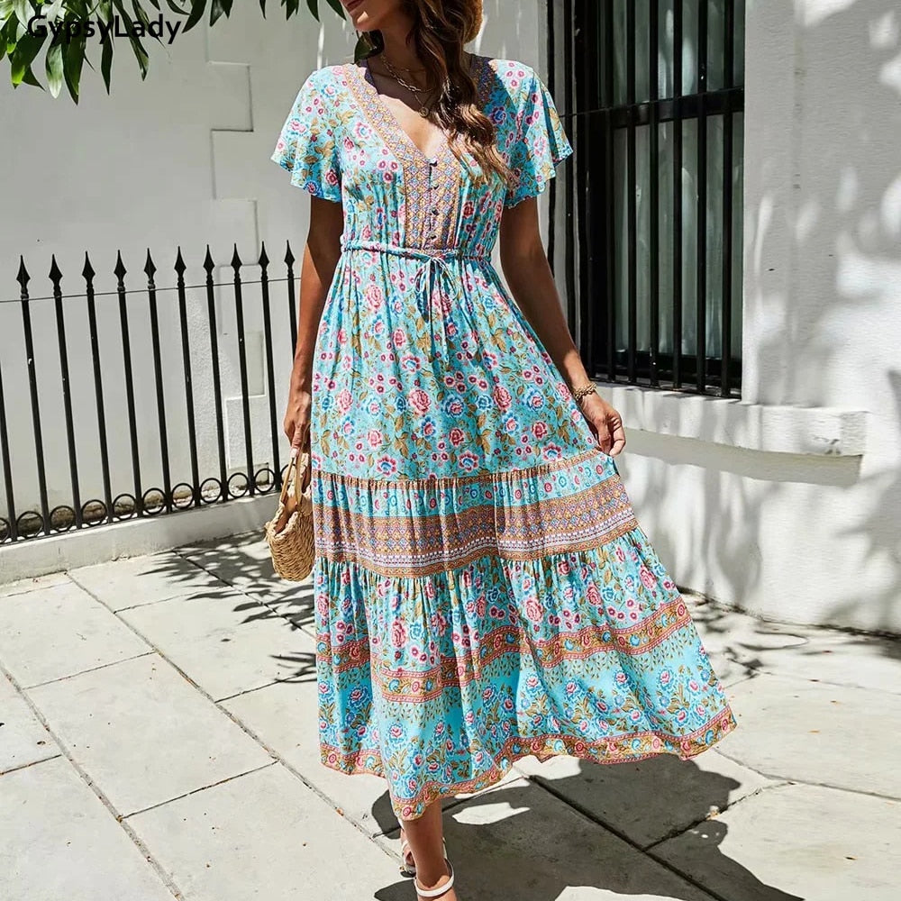 GypsyLady Floral Printed Maxi Dress Vintage Boho Summer Holiday Women Dresses Casual Chic Tie Lace Up Ladies Beach Female Dress - trendy chick