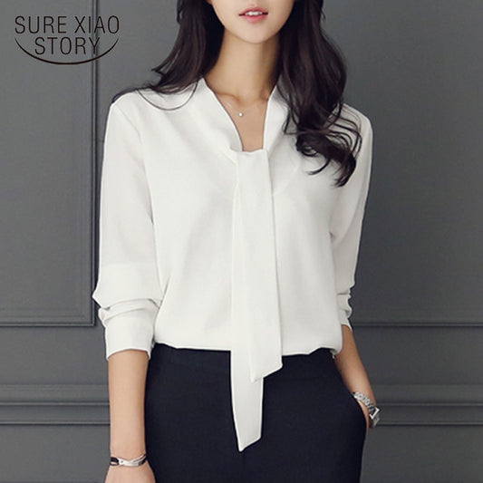 Long Sleeve Bow Tie Shirt Spring and Autumn New Fashion Women Clothing Loose Chiffon Shirt Women&#39;s Blouse Tops Blusas Mujer 699C - trendy chick