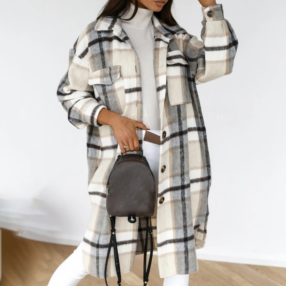 Spring New Plaid Long Blouses Coat Women Casual Vintage Shirt Jacket Female Woolen Blends Printed Overcoat Streetwear