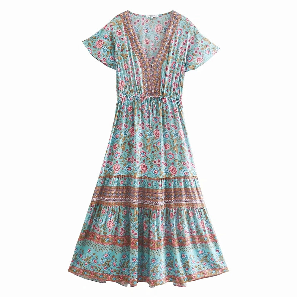 GypsyLady Floral Printed Maxi Dress Vintage Boho Summer Holiday Women Dresses Casual Chic Tie Lace Up Ladies Beach Female Dress - trendy chick