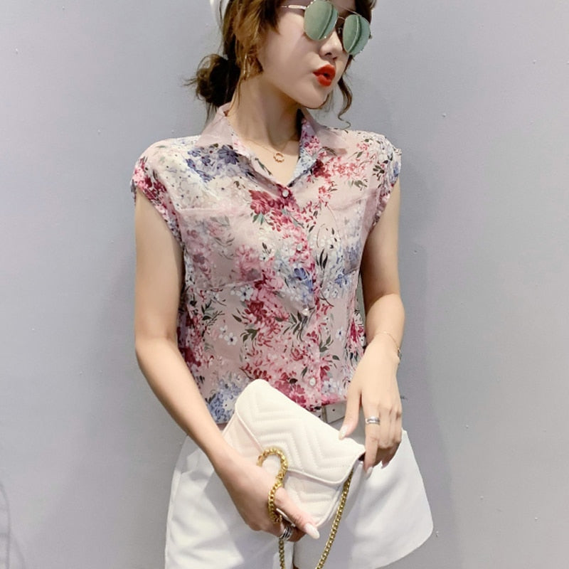 Summer Blouse Sleeveless Shirts Women Vintage Floral Print Blouses Ladies Tops 2023 Blusas Mujer Casual Chiffon shirt 10225 - trendy chick