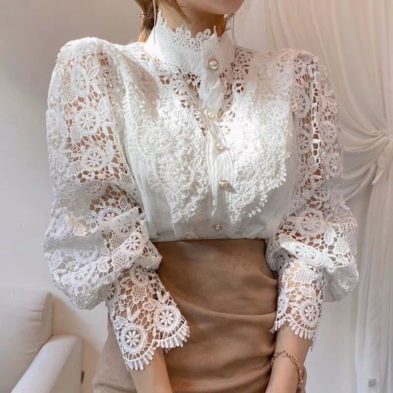 Vintage Solid White Lace Blouse Shirts Women New Korean Button Loose Shirt Tops Female Hollow Casual Ladies Blouses Blusas 12928 - trendy chick