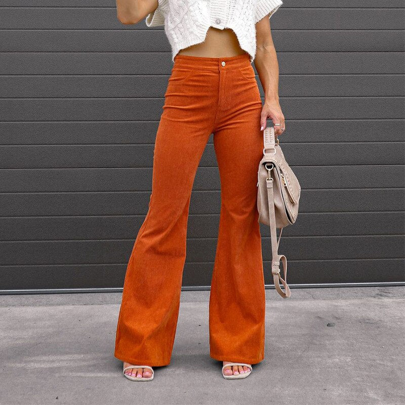 Corduroy Flare Pants Women Solid High Waist Loungewear Slim Fit Simple Button Fly Streetwear Ladies Trousers - trendy chick